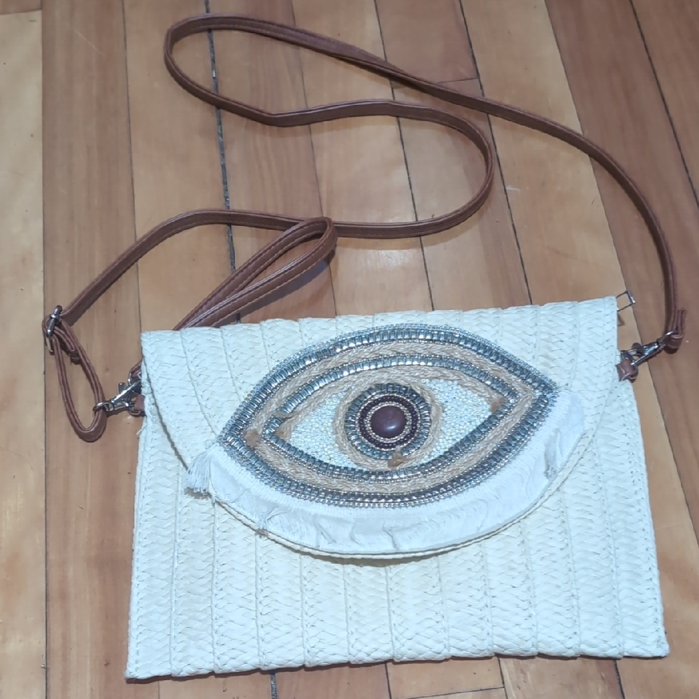 Cream and Brown Woven Crossbody Bag Bejeweled Eye Zipper - Picture 1 of 9